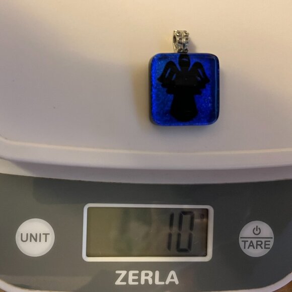 Deep Blue Dichroic Glass Angel Silhouette Pendant • 1” Square - Picture 6 of 6